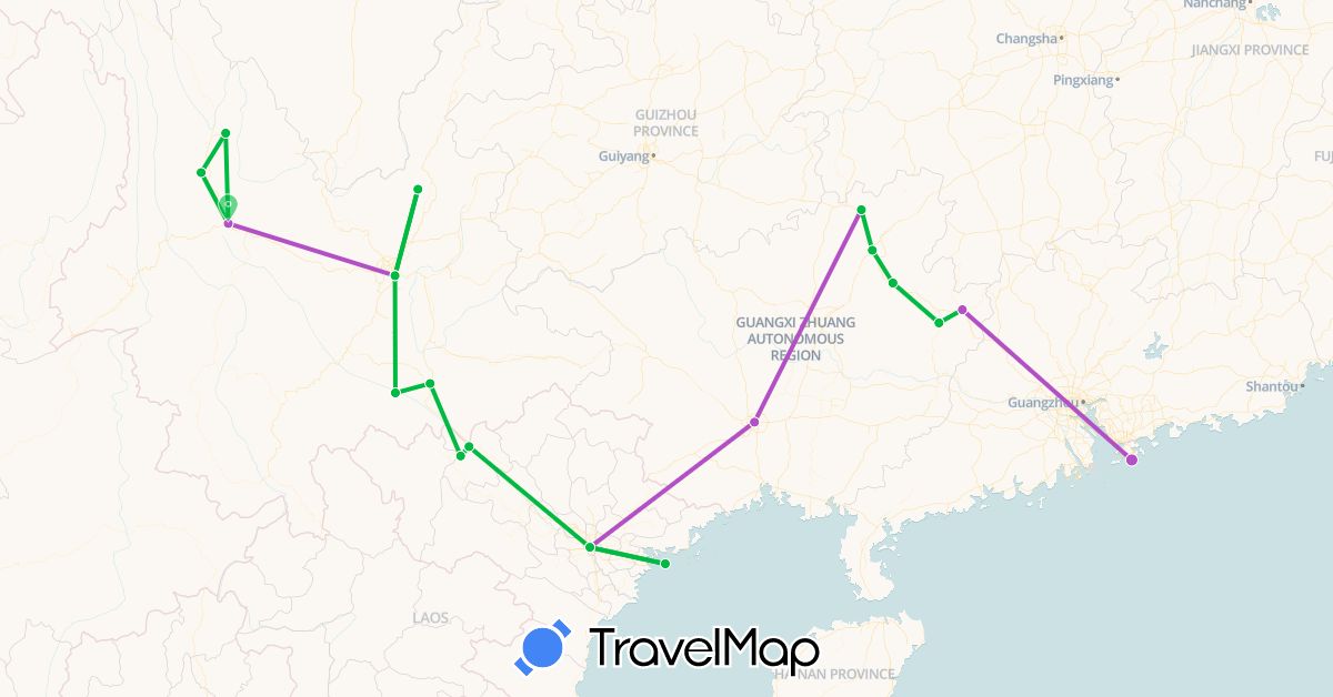 TravelMap itinerary: driving, bus, train in China, Hong Kong, Vietnam (Asia)